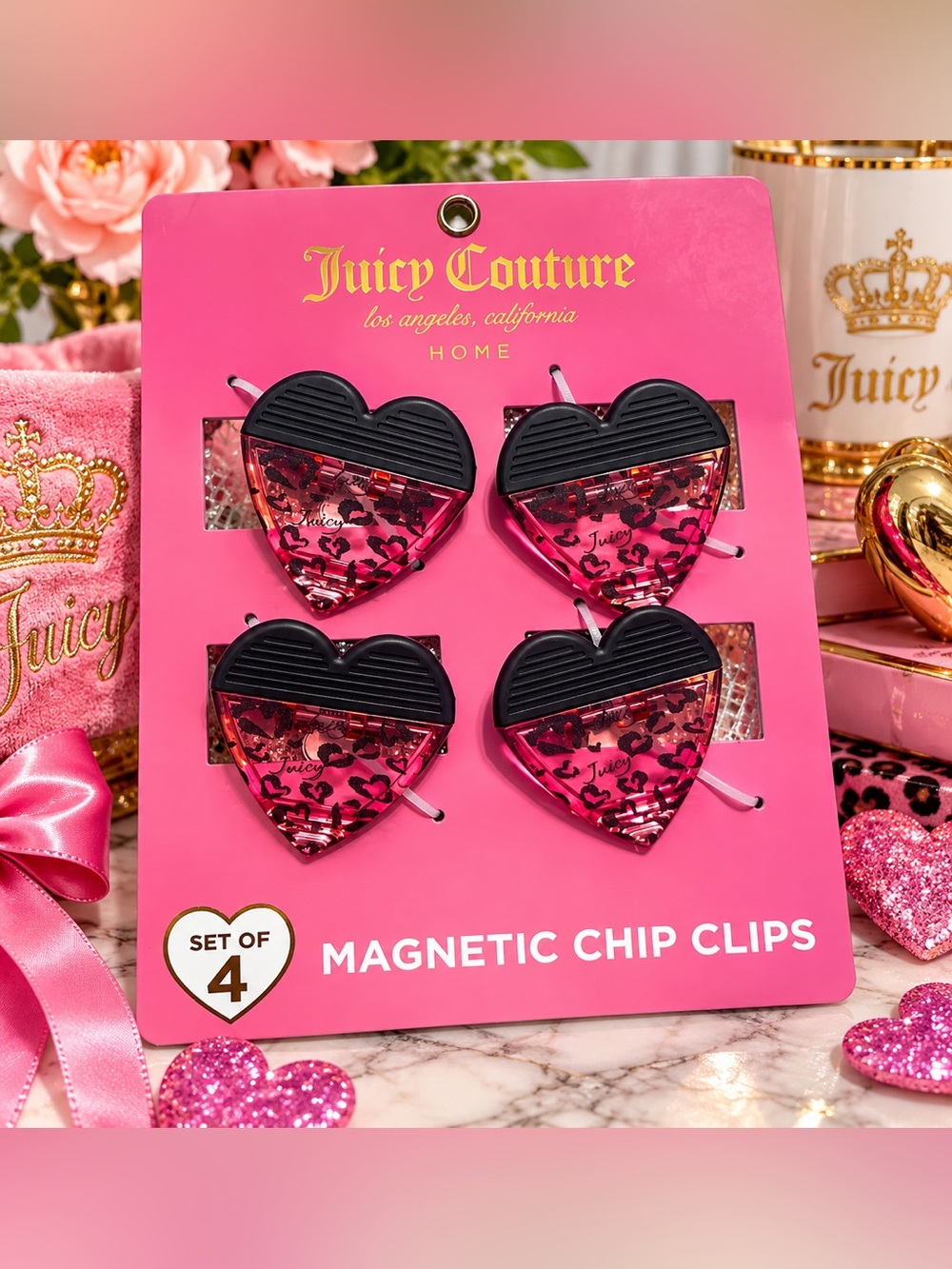 Juicy Couture Home Heart Magnetic Chip Clips Set of 4 NWT Pink Black